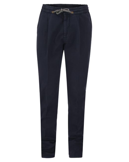 Brunello Cucinelli Blue Leisure Fit Cotton Trousers With Drawstring And Darts for men