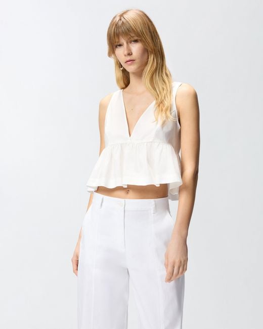 Pinko White Crop Top With Ruffle And Ties