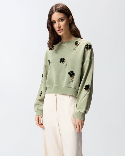 Pinko Green Sweatshirt With Jewel Flowers