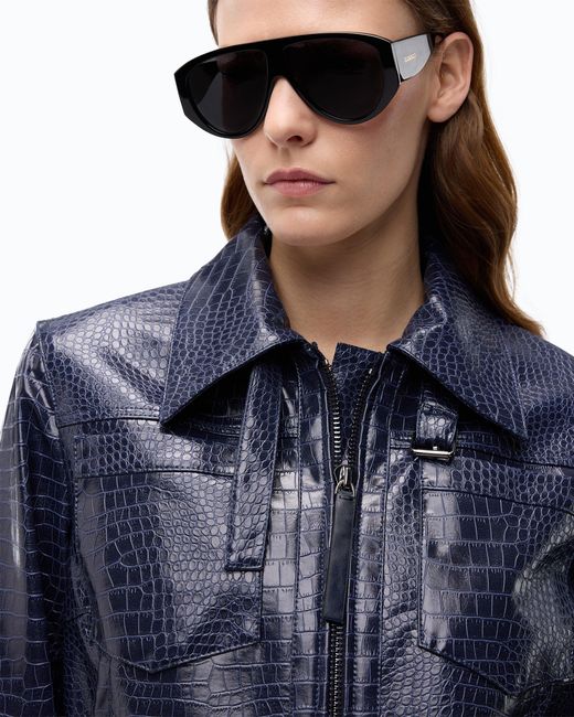 Pinko Blue Crocodile Skin-Effect Aviator Jacket