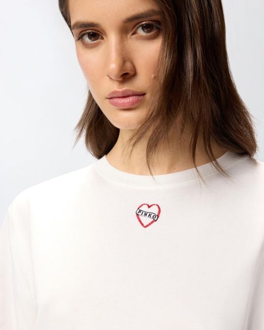 Pinko White Oversized Long T-shirt With Print And Embroidery