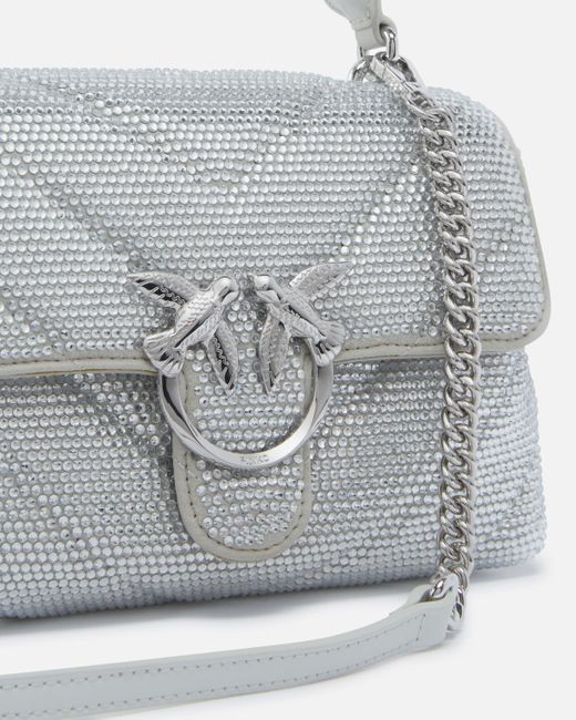 Pinko White Soft Mini Love Bag Puff Crossbody Quilted With Rhinestones, -Shiny Nickel