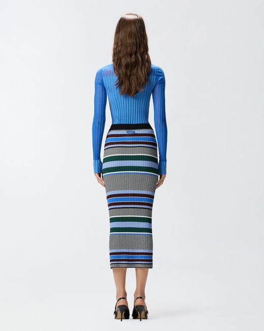 Pinko Blue Calf-Length Striped Knit Slim-Fit Skirt