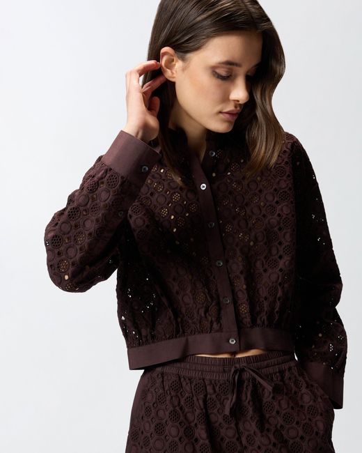 Pinko Brown Cropped Shirt With Broderie Anglaise