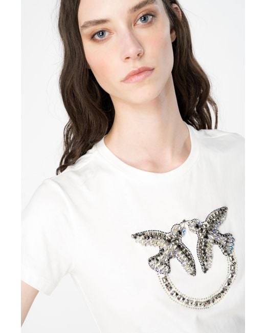 Pinko White T-shirt With Love Birds Embroidery