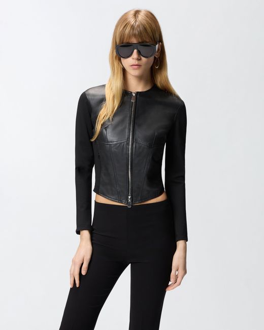 Pinko Black Leather Bustier Jacket With Zip