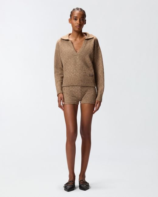 Pinko Brown V-neck Sweater With Rhinestones