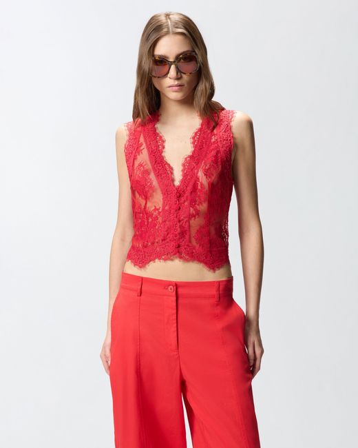 Pinko Red Floral Valenciennes Lace Vest