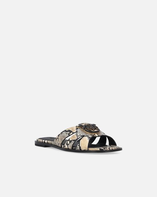 Pinko White Leather Slip-On Sandals With Python Print And Love Birds Logo