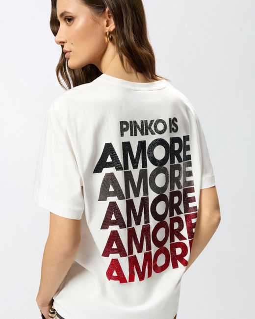 Pinko White T-Shirt With Rhinestoned Amore Lettering