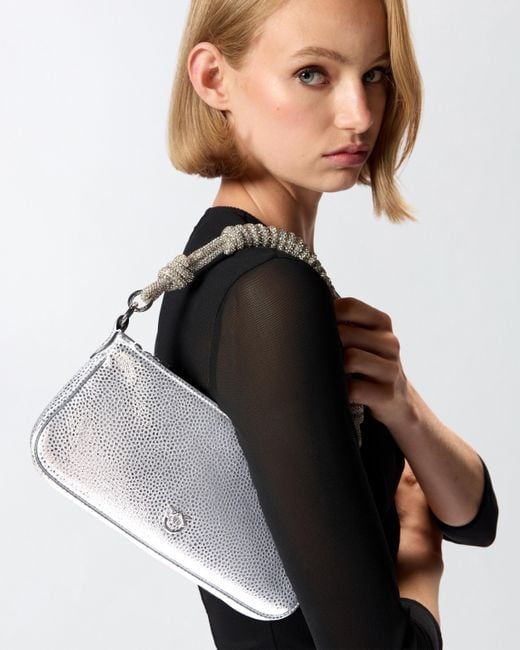 Pinko Multicolor Mini Half Moon Baguette Small Handbag In Laminated Leather With Rhinestones