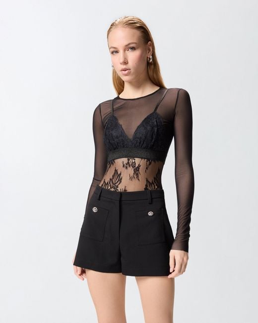 Pinko Black Tulle And Lace Knit Bodysuit