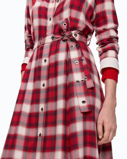 Pinko Red Long Shirt Dress With Check Pattern And Belt