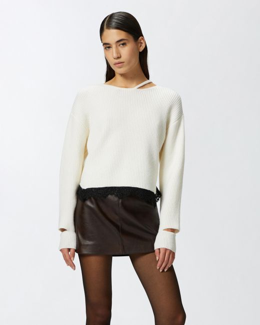 Pinko White Ribbed Sweater With Lace