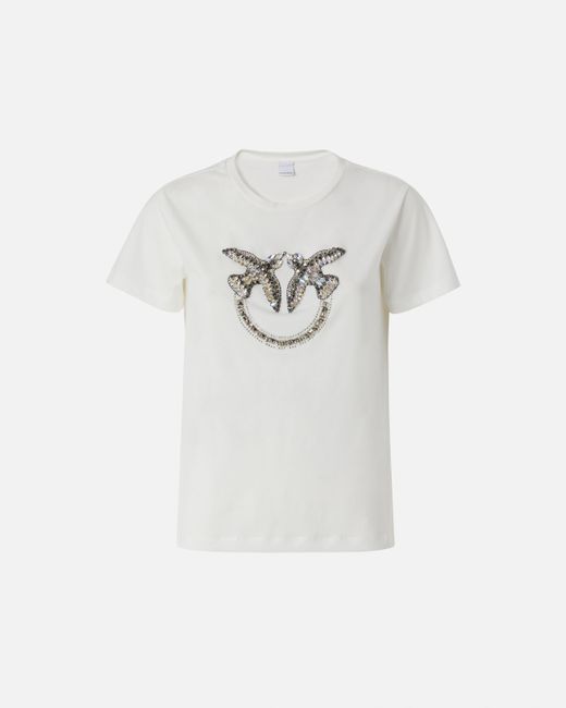 Pinko White T-Shirt With Love Birds Embroidery, Cloud