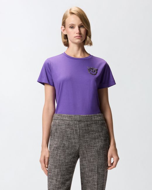 Pinko Blue T-shirt With Crystal-embroidered Love Birds Logo