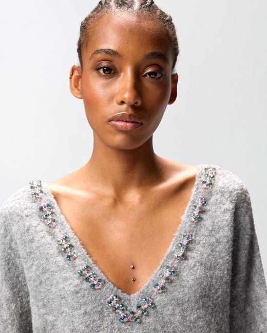 Jersey De Mezcla De Lana Con Bordado Joya, Gris-Monumento Gr Pinko de color Gray