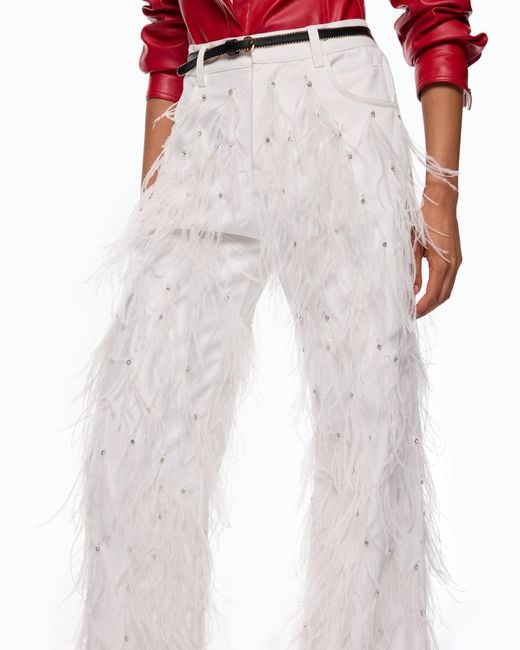 Pinko White Wide-Leg Trousers With Feathers And Rhinestones