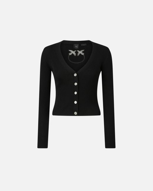 Pinko Black Ribbed Fitted Cardigan With Logo Inlay, Limo