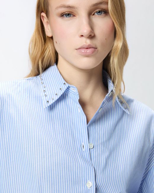 Pinko Blue Cropped Striped Shirt With Jewel Collar