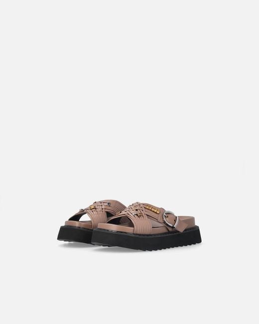 Pinko White Woven Nappa Leather Slip-On Sandals With Metallic Rings