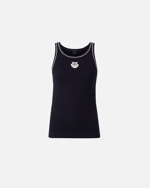 Pinko Black Ribbed Vest Top With Love Birds Embroidery