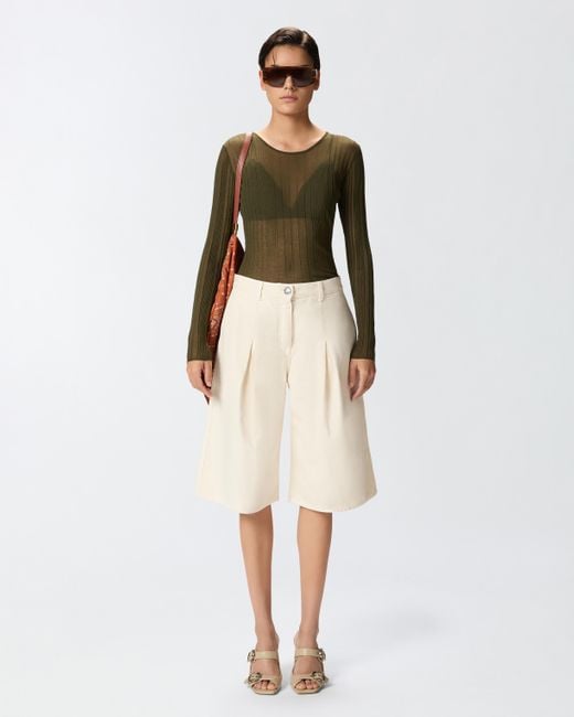 Pinko Natural Wide-leg Cotton Bermuda Shorts With Pockets