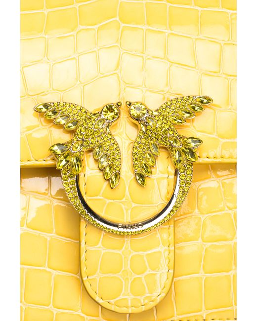 Pinko Yellow Galleria Mini Love Bag One Top Handle Light In Shiny Croc-print Leather
