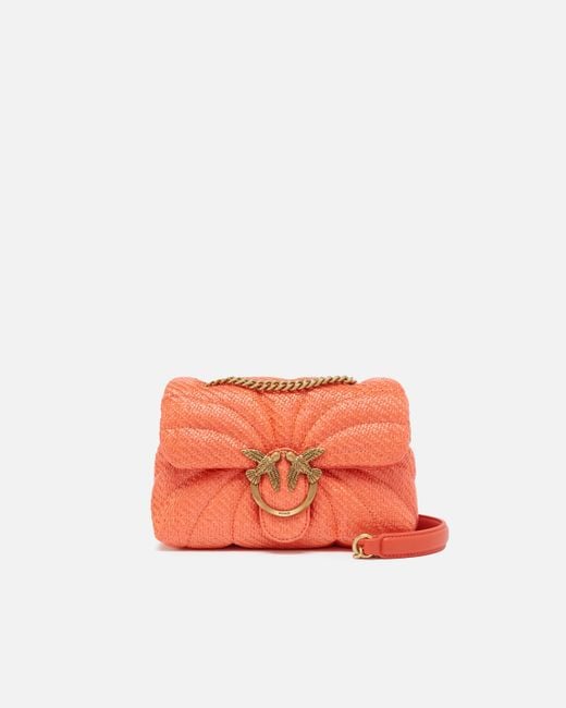 Pinko Orange Love Bag Puff Mini Crossbody Bag In Raffia With Chain