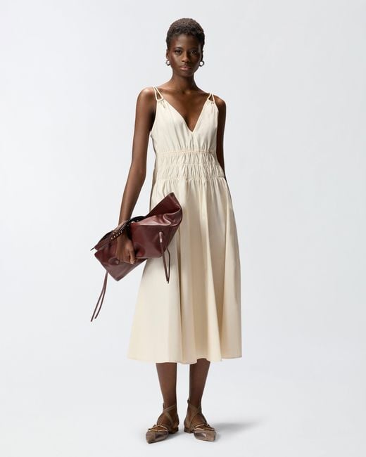 Pinko White Sleeveless Midi Dress With Pleats And Gathering