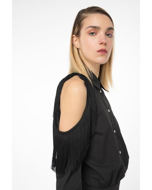 Pinko Black Shirt Dress With Open Shoulders And Fringing