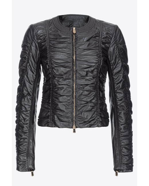 Pinko Black Gathered Nappa Leather Jacket