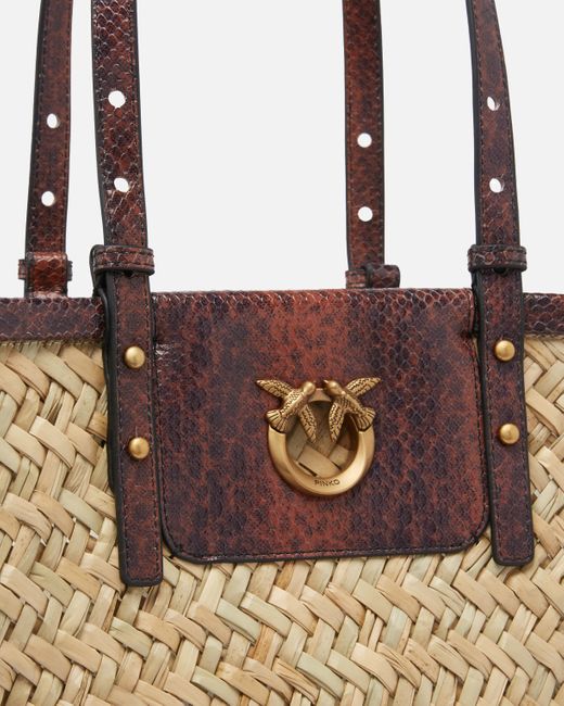 Pinko Natural Raffia Shopper Bag With Reptile-Print Details