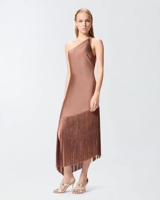 Pinko White Satin One-Shoulder Mini Dress With Fringing