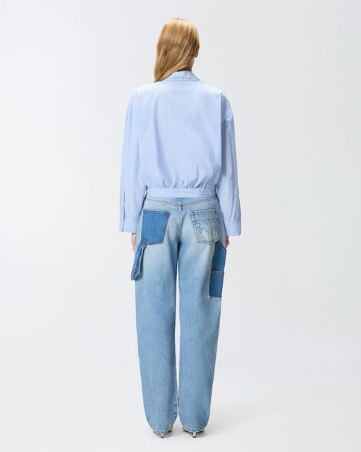 Pinko Blue Cropped Striped Shirt With Jewel Collar