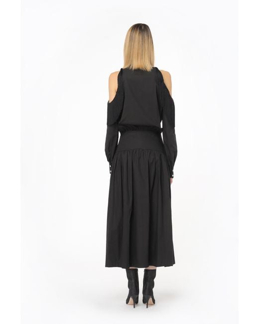 Pinko Black Shirt Dress With Open Shoulders And Fringing