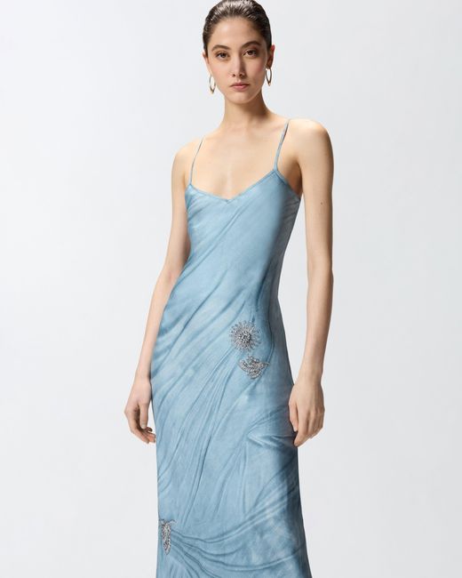 Pinko Blue Fluid Slip Dress With Placed Jewel Print