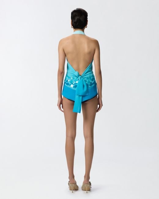 Pinko Blue Top With Sequin Embroidery And Open Back