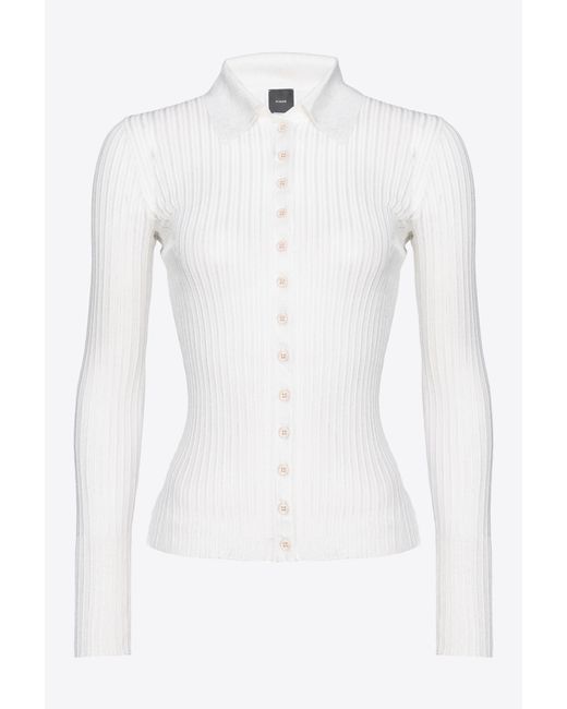 Pinko White Ribbed Lurex Sweater With Buttons
