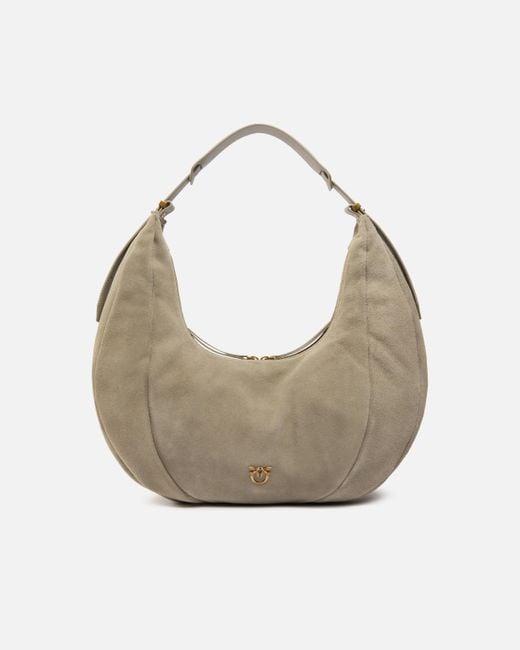 Pinko White Large Suede Hobo Shoulder Bag With Leather Handle