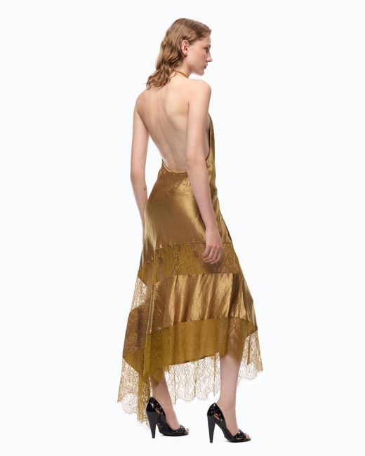 Pinko Metallic Asymmetric Satin Midi Dress With Lace