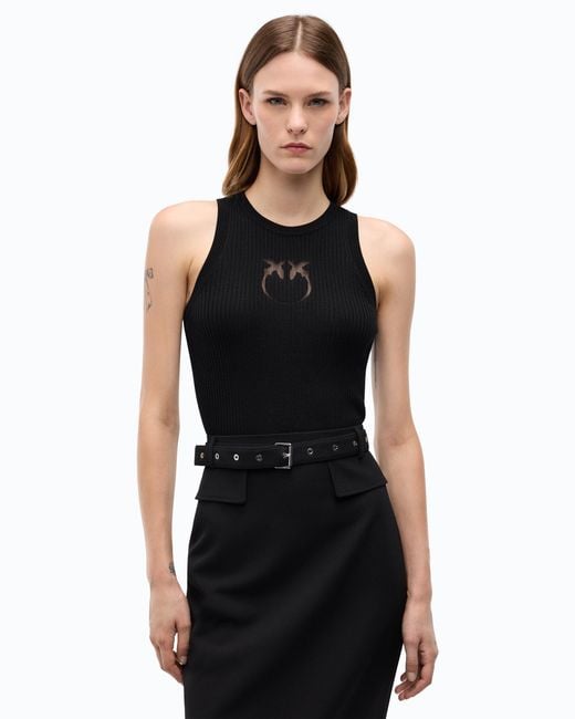 Pinko Black Ribbed Top With Sheer Love Birds Logo