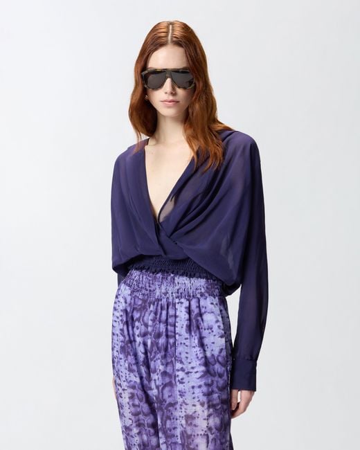 Pinko Blue Cropped Blouse With Hood And Sheer Details