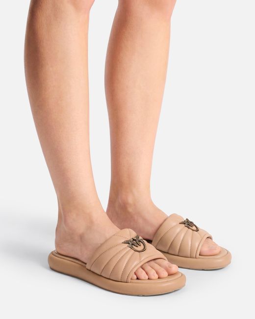 Pinko White Perforated Nappa Leather Slip-On Sandals With Love Birds Logo