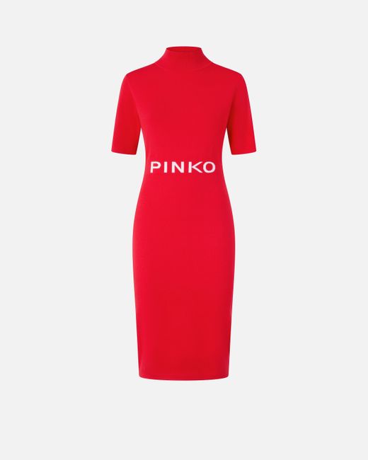 Pinko Red Midikleid Aus Strick Mit Gepolsterten -Logo, Marsrot