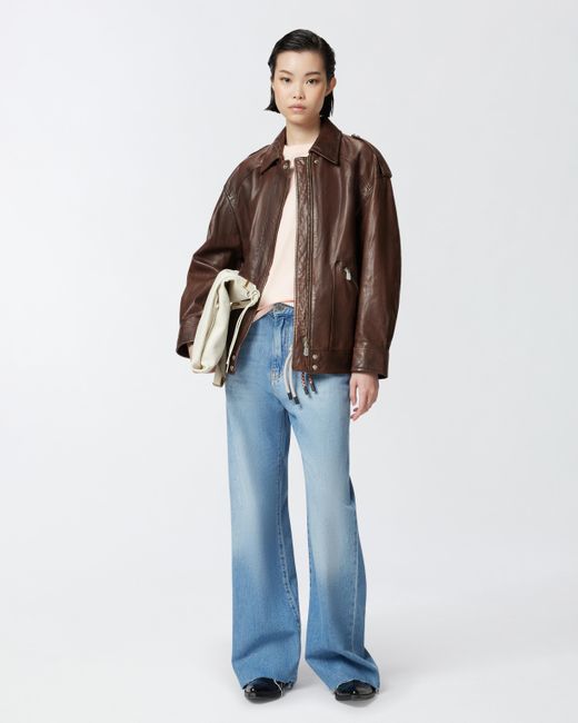 レザージャケット・コート Pinko FEVER WASHED LEATHER JACKET WITH COLLAR Pinko Washed Leather Jacket With Collar in Brown | Lyst