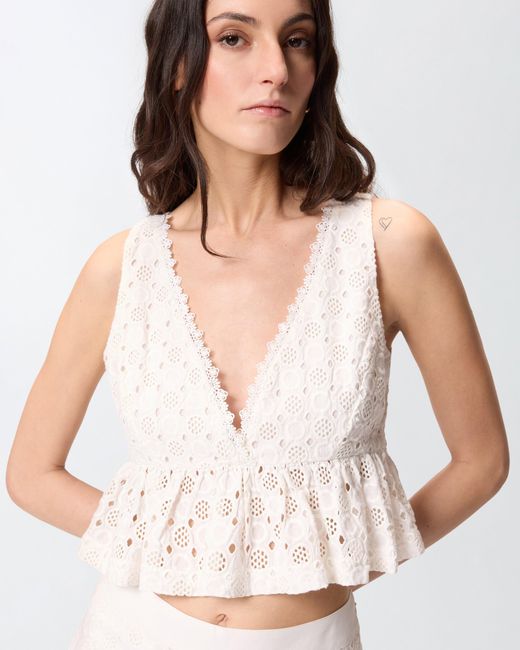 Pinko White Crop Top With Ruffle And Openwork Pattern