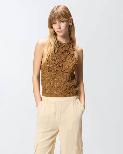 Pinko Brown Crochet-Effect Top With Appliqué Flowers