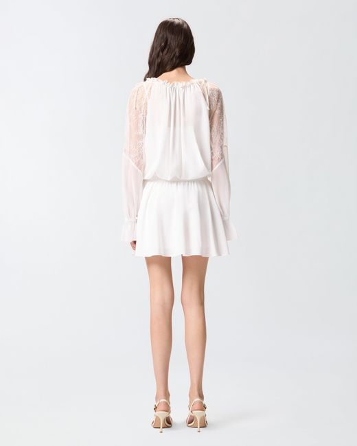 Pinko White Mini Dress With Long Sleeves And Lace Details
