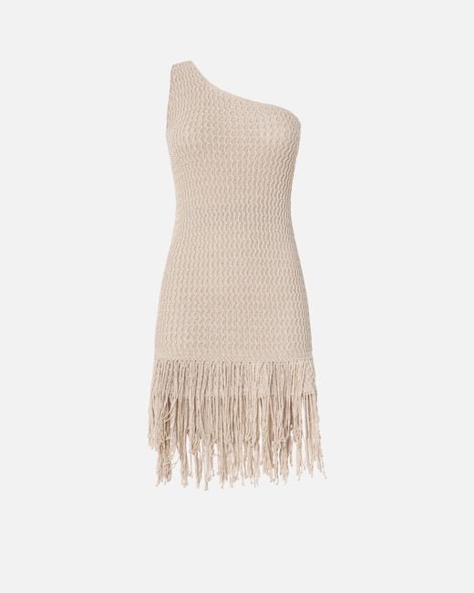Pinko White One-Shoulder Mini Dress With Fringing